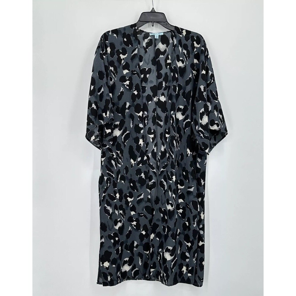 She Sky Open Front Kimono Duster Women S Gray White Leopard Print Lightweight